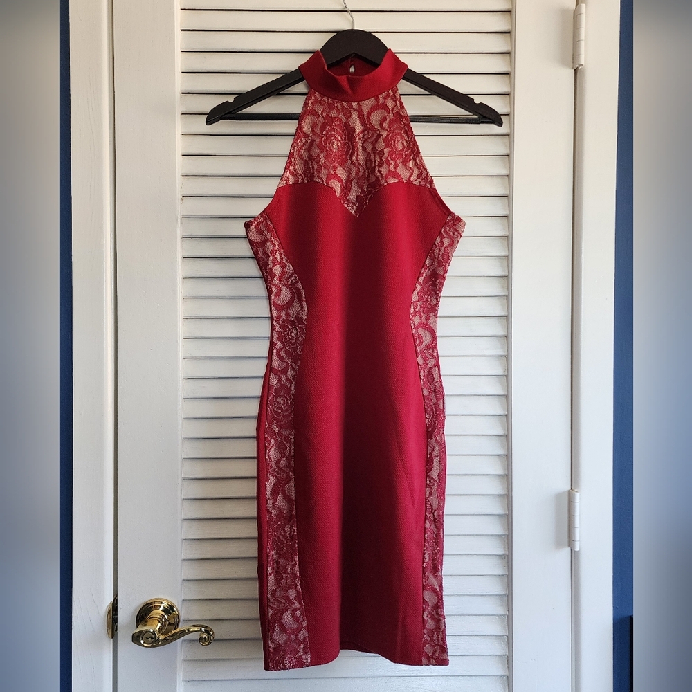 Elegant Red Lace Halter Dress